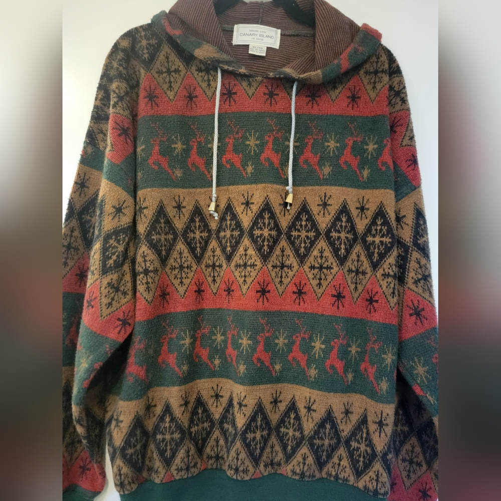Men's Holiday Patterned Knit Hoodie Sweater - Red Green Brown